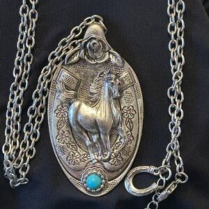 Silver Horse Pendant Necklace with Turquoise Accent. Sample piece.